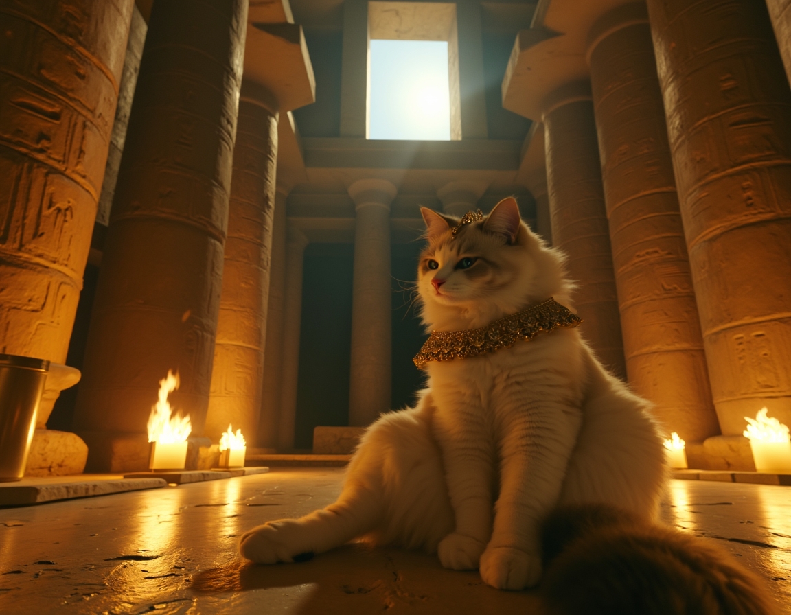 Cat dressed in luxurious golden regalia sits in an ancient Egyptian temple at night, surrounded by hieroglyphs and lit torches. The cat exudes the aura of a revered feline goddess, capturing the timeless majesty of ancient Egypt.
